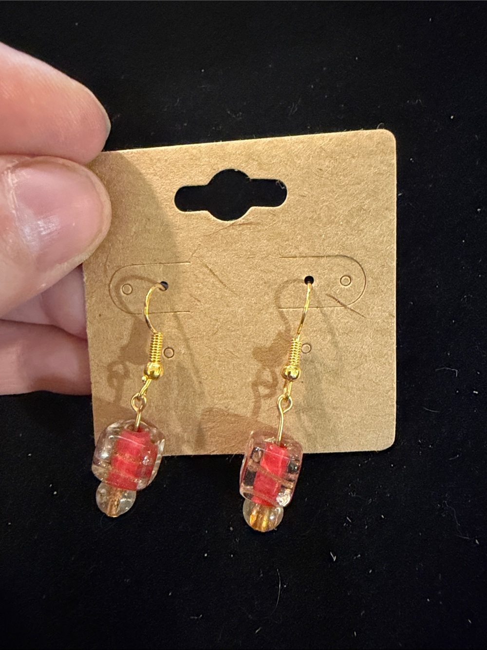 Gold-Tone Glass Drop Earrings with Red Accent